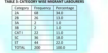 TABLE 3: CATEGORY WISE MIGRANT LABOURERS 