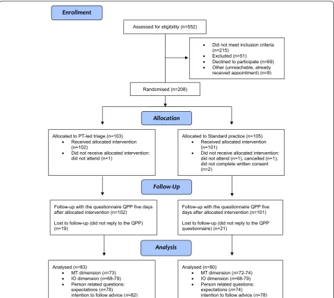 Fig. 1 CONSORT flow chart of the progress of participants through the study. PT = physiotherapist, QPP = Quality from the patients’ perspective,MT = Medical-technical competence, IO = Identity-orientated approach