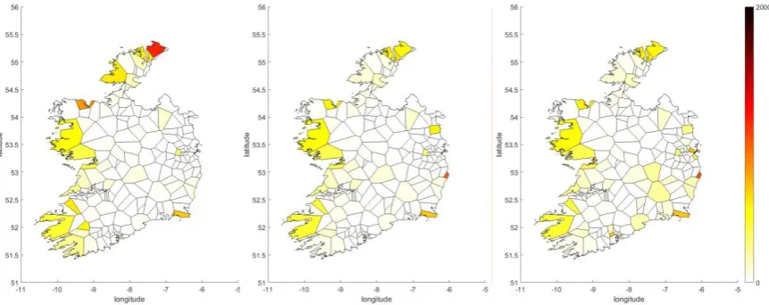 Figure 7: PRIMES 45 - Regional distribution in 2050 of installed RES-E capacities in Least Cost (left), Diversify (middle) and Diversify+PV (right) scenario in the Republic of Ireland 