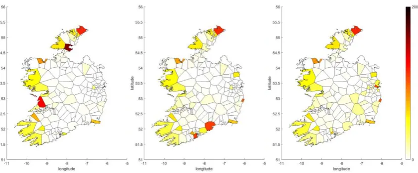 Figure 8: EirGrid 60 - Regional distribution in 2050 of installed RES-E capacities in Least Cost (left), Diversify (middle) and Diversify+PV (right) scenario in the Republic of Ireland 