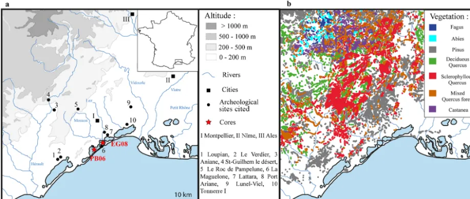Figure 1. Geographical settings: (a) studied cores, main cities and rivers, topography, and archeological sites mentioned in the article;(b) vegetation map showing the distribution of forest types by dominant taxa (data from the National forestry inventory, IFN BD forêt 1).