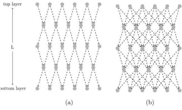 Figure 4.2 Illustration of regular lattice topologies. Networks shown are subsets of: (a) a two-dimensional directed lattice with coordination number K = 2; (b) a two-dimensional directed lattice with coordination number K = 4