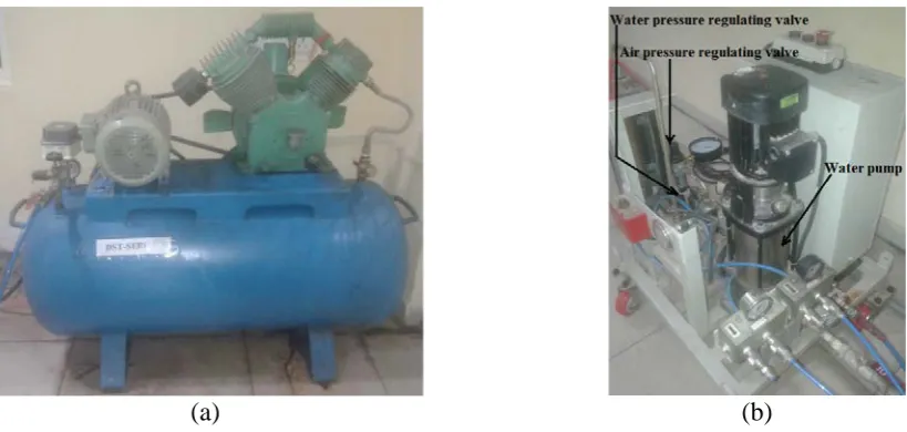 Fig. 2. Experimental setup for spray generation consisting (a) air compressor; (b) water pump and pressure regulating valves  
