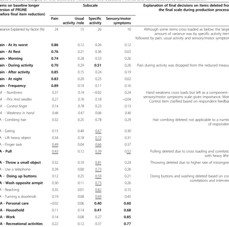Table 8 Factor analysis of the extended version of the baseline PRUNE and contribution to item reduction