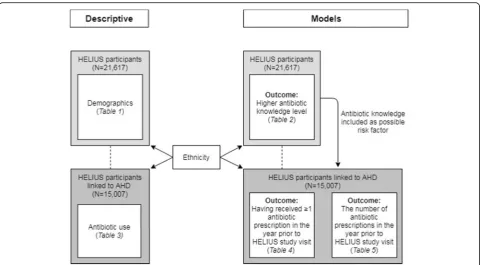 Fig. 1 Overview of descriptive analysis and models used in the study. Abbreviations: HELIUS – Healthy Life in an Urban Setting; AHD – AchmeaHealth Database