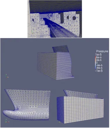 Figure 8: Monolithic coupling applied to the analysis of the notional joint high-speed sealift ship.The upper ﬁgure shows the detailing of the internal structure of the splined ship model that hadbeen tested in a wave-making tank.