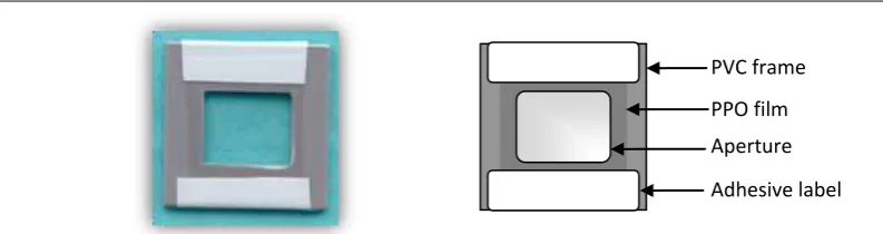 Figure 6.6: An actual size PPO film actinometer displayed on a blue background (left) and the PPO film actinometer schematic (right)