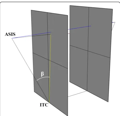 Fig. 4 Analysed anthropometric parameters:conjugate a interspinous distance – marked with the red line; intertuberous distance- blue line; b anatomical – red line; sacrum base plane - green rectangle; c Height of the pelvis –red line”