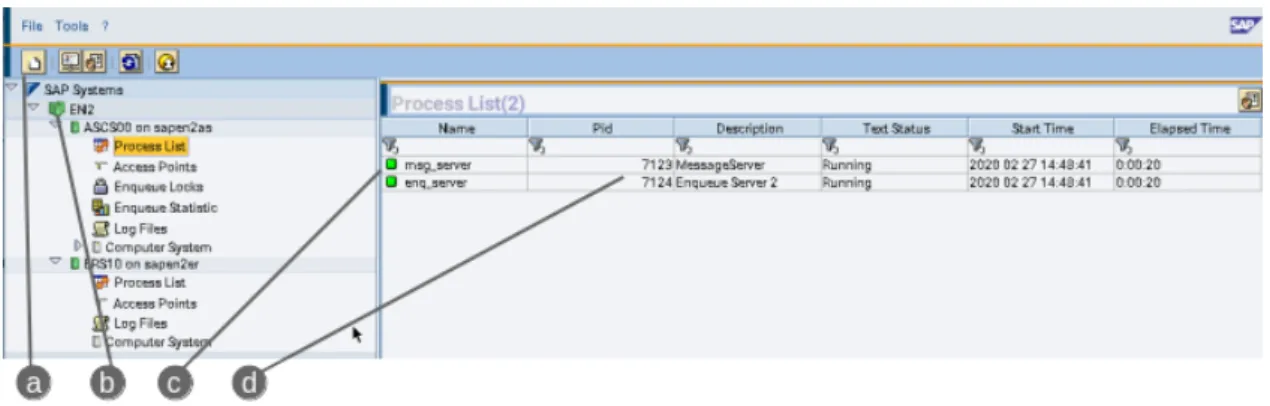 FIGURE 3.1: (A) ADD NEW INSTANCE (B) NEW ADDED SID (C) SAP SERVICES FROM THE ASCS INSTANCE (D) PID AS IT WAS SHOWN FROM THE COMMAND LINE