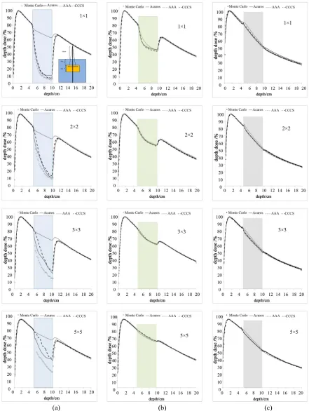 Figure 6. PDD curves for 3 different inhomogeneities. Column (a): air, Column (b): lung, and Column (c): bone for various s   mall field sizes