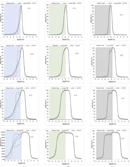 Figure 7. Profiles for 3 different inhomogeneities. Column (a): air, Column (b): lung, and Column (c): bone for various small field sizes at inside the inhomogeneity