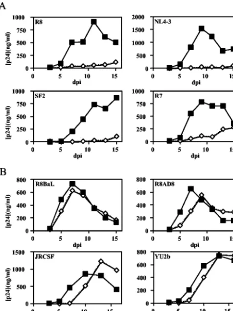 FIG. 2. The requirement for Nef in HIV-1 replication maps to theV3 loop of gp120. NL4-3-based V3 loop chimeras conferring different
