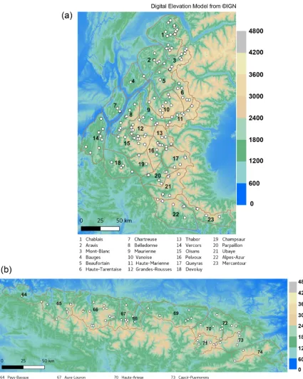 Figure 1. Map of massifs in the French Alps (a) and Pyrenees (b), with altitude in metres and the observation stations represented as whitedots.