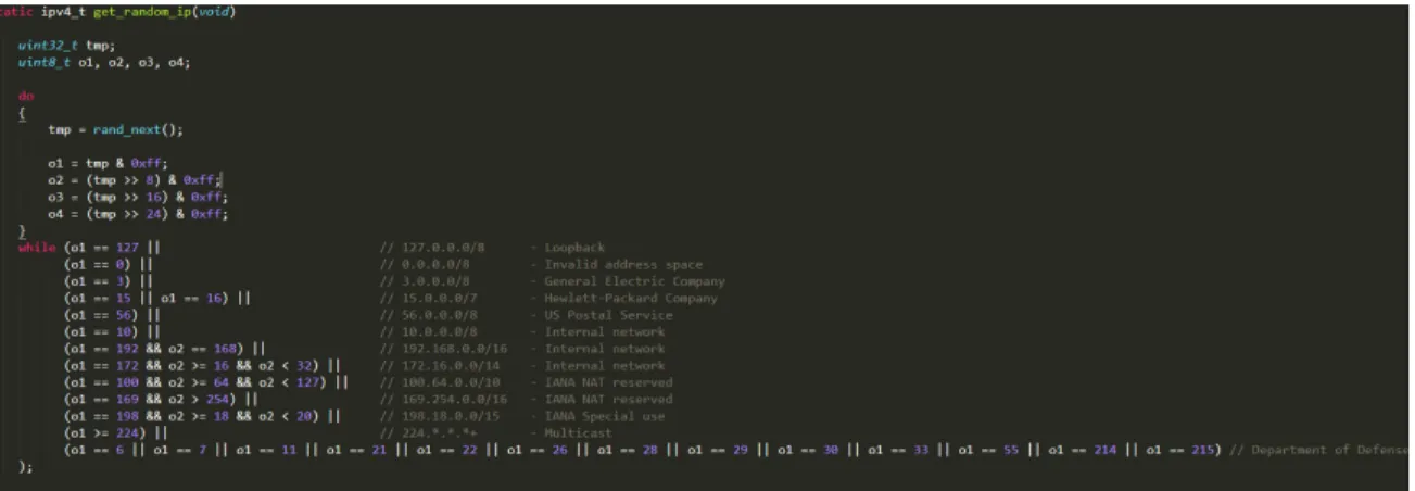 Figure 7: Code snippet of Mirai malware where IP addresses are generated, where the internal networks are excluded from Mirai’s scope.