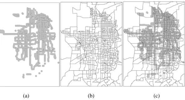 Figure 3.1: Construction of least common demand coverage units (LCDCUs)                                                             (a) Transit service area (b) Block group (c) LCDCUs created by overlay 