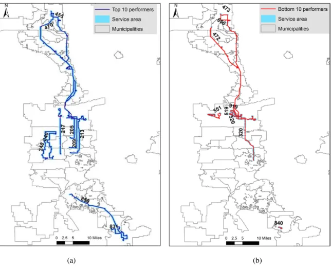 Figure 4.4 presents the top and bottom 10 performers in providing unique transit access for the  disadvantaged population