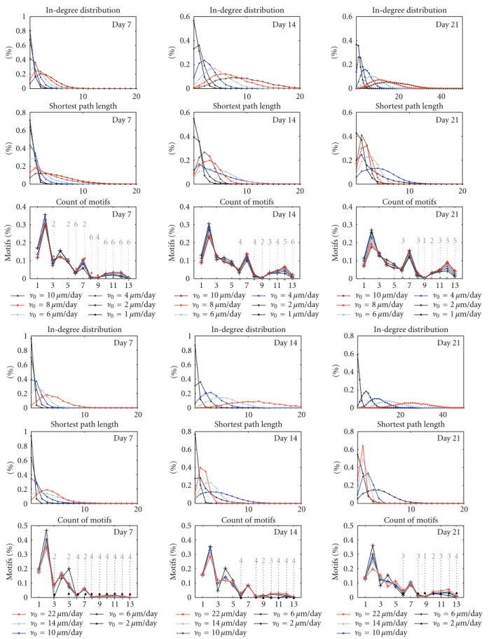 Figure 4: Structural changes of the growing networks: in-degree distribution, shortest path length, and the count of motifs