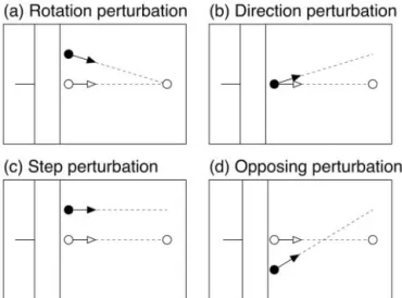 Figure 2. Illustration of the four perturbation types. a, Rotation perturbations: visual space was rotated around the target, such that position of the virtual fingertip was displaced relative to the unseen finger, but the direction of motion relative to t
