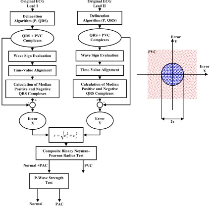 Fig. 6 General representation of detected complexes classification on the basis of Composite Binary Neyman-Pearson Radius Test (separation of PVC beats from PAC+normal beats) and P-wave strength test (separation of normal complexes from PAC beats)