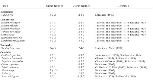 Table 1 — Premolar eruption sequence in living tree shrews and primates that retain three premolars