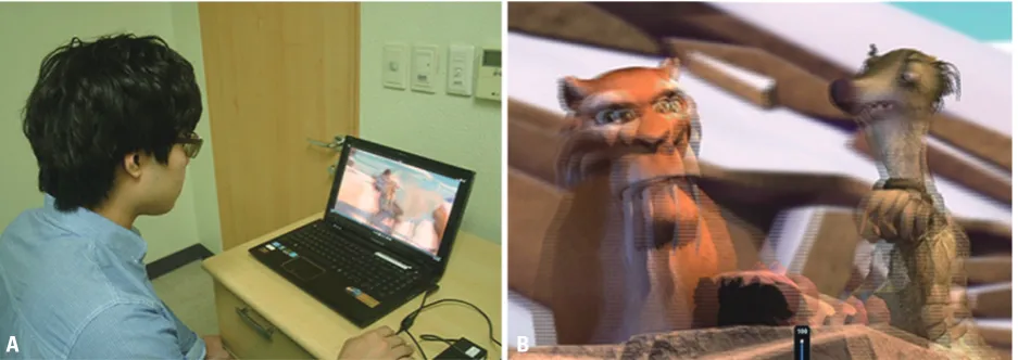 Fig. 1. (A) Subject watches the 3-dimensional (3-D) movie displayed by a 15 inch 3-D laptop computer