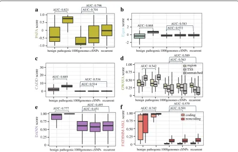 Fig. 4 Performance comparison on prioritizing functional variants. Distribution of scores for evaluating five different variant sets, from left to right:Genomes, significant trait-/disease-associated SNPs (cSNPs) from GWAS Catalog and recurrent cancer-rela