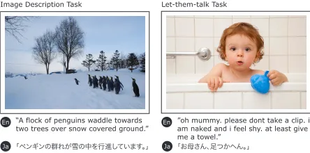 Figure 2: Examples of tasks and collected text (Translated text:“A ﬂock of penguines are marching in the snow.” and “Mummy,my feet can’t touch the bottom.”)
