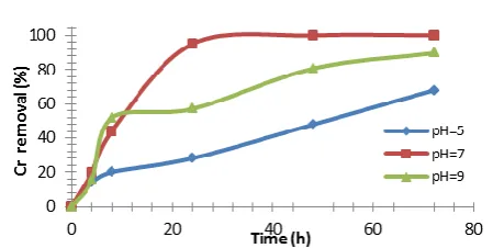 Figure 1.  Effect of incubation time on Cr(VI) reduction at pH 5, 7 and 9 [conditions: inoculum volume of 5 mL, T 37 °C, initial Cr(VI) concentration of 50 mg/L]