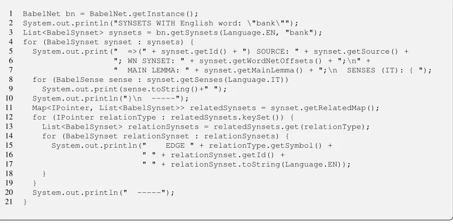 Figure 2: Sample BabelNet API usage.