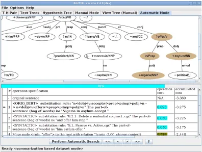 Figure 2: Entailment Rule application visualized in tracing tool. The upper pane displays the parse-tree generated byapplying the rule
