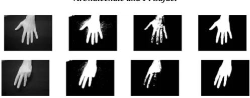 Fig. 6. Instances of gray scale images (first column) where lower thresholds (second column) make  many unwanted noisy regions and higher thresholds (third column) destroy the hand  region, while K-means clustering (last column) segments hand region properly 