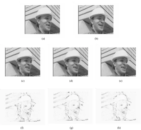 Fig. 10 Performance comparison of various ME methods on 16×16 blocks. (a) Original frame 11, (b) original frame 13, compensated frames applying (c) BMA, (d) QMME, (e) Q-MAMME, and residual errors of (f) BMA, (g) QMME, and (h) Q-MAMME