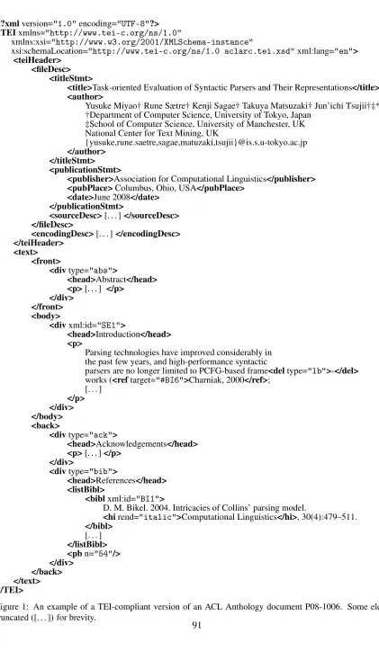 Figure 1: An example of a TEI-compliant version of an ACL Anthology document P08-1006