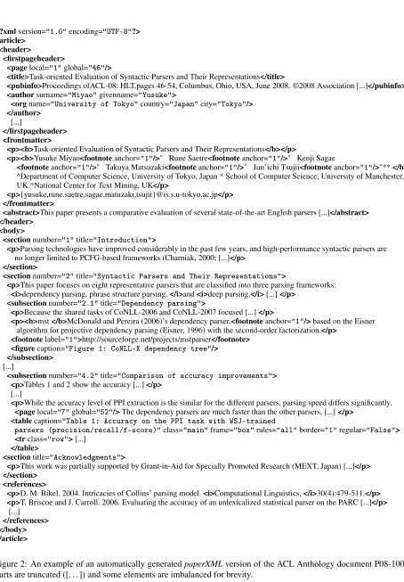 Figure 2: An example of an automatically generated paperXML version of the ACL Anthology document P08-1006.Parts are truncated ([...]) and some elements are imbalanced for brevity.