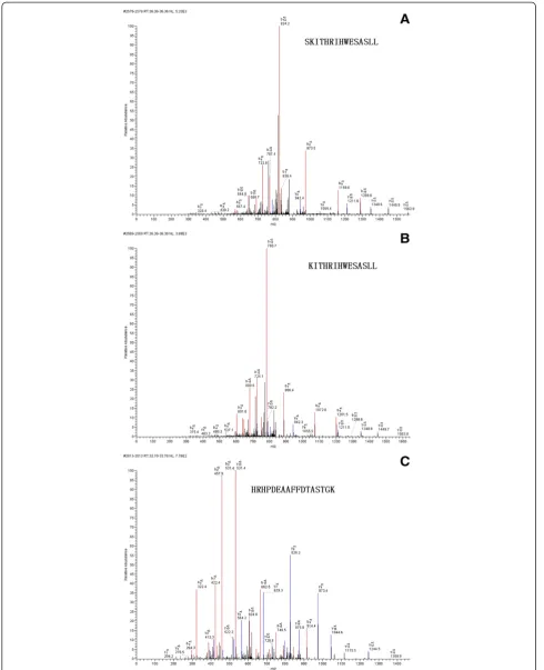 Figure 3 MS/MS identification of selected serum peptides as fragments of complement C3 (A) and (B), and isoform 1 of fibrinogenalpha chain precursor (C)