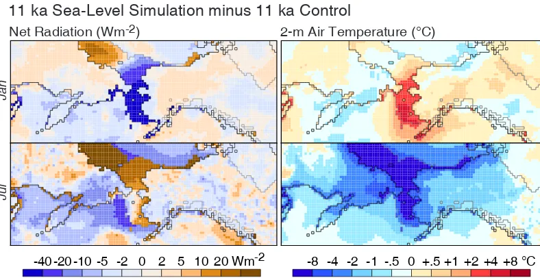 Fig. 8 top, S11 and S12), when grid cells occupied by lakesare cooler than surrounding areas or than in the 11 ka Con-trol simulation