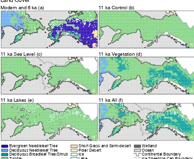 Figure 4. combines all three experimental land-cover changes. Eachland-cover map is linked to a RegCM simulation; an additional simulation was made using modern land cover with 11 ka continental outlines200 400 800  11 ka All (f) 6 ka simulation; there are