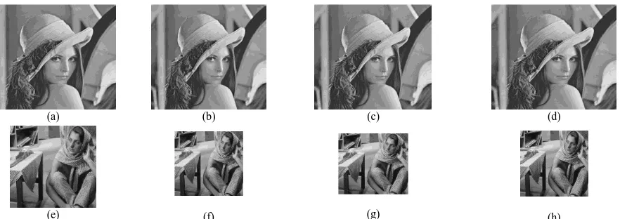 Figure 3. (a) Lena cover image, Lena Stego at (b)  4 bpp, (c) 2 bpp, (d) 1 bpp,  (e) original Barbara secret image, extracted Barbara secret image at (f) 4 bpp, (g) 2 bpp and (h)  at 1 bpp  