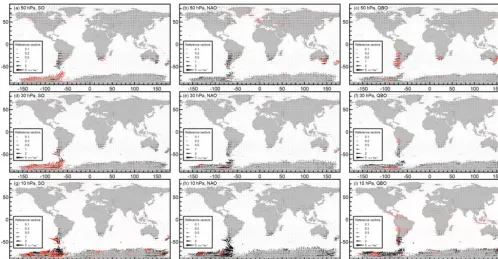 Figure 4. Response of the OGWD (ms−1 day−1) at the 50 hPa (a, b, c), 30 hPa (d, e, f) and 10 hPa (g, h, i) level related to the activity ofthe Southern Oscillation (a, d, g), North Atlantic Oscillation (b, e, h) and quasi-biennial oscillation (c, f, i)