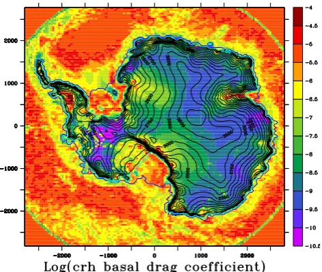 Fig. 1. Basal sliding coefﬁcient for baseline parameter vectorspective valuesnn2679 and associated surface elevation contours