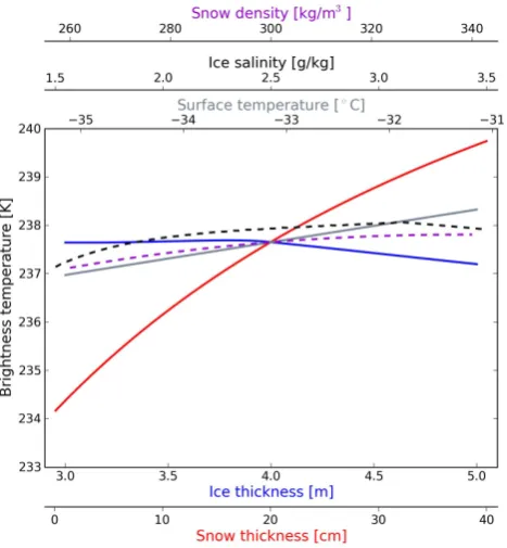 Fig. 3. Horizontally polarised brightness temperature (incidence an-face temperature, ice salinity, or snow density, respectively