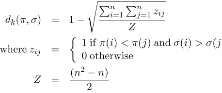 Table 1. Metric scores for examples in Figure 1 which arecalculated by comparing the permutations to the identity.All metrics are adjusted so that 100 is the best score and0 the worst.
