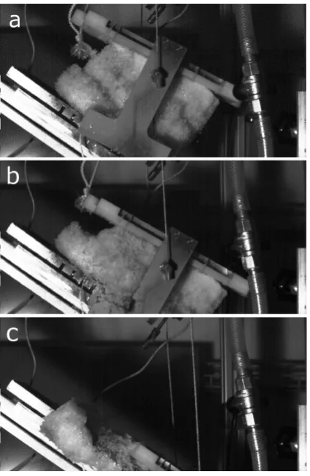 Fig. 8. Sample B9, during catastrophic failure. The images b and c were taken 0.1 s and 0.9 s after image a,taining a weak layer of either facets or depth hoar to studyrespectively.Fig