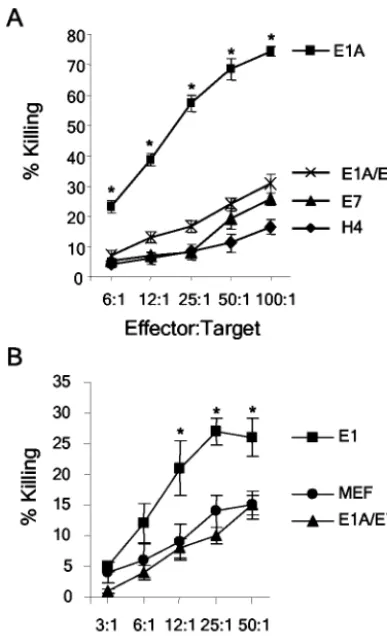 FIG. 6. Expression of E1A/E7 does not sensitize human or murinecells to killing by NK cells
