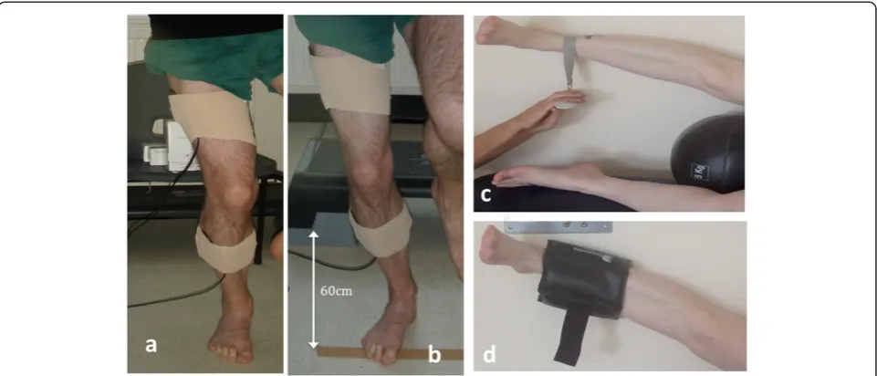 Figure 1 Sensor attachment, strength testing and strengthening exercise. a, Single leg squat; b, Single leg landing; c, Hip abductor strengthtesting; d, Hip abductor strengthening exercise.