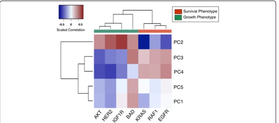 Fig. 3 Principal component analysis across TCGA breast tumors. Correlation heatmap between principal component (PC) values from PCs 1through 5 and ASSIGN GFRN pathway estimates from TCGA breast cancer RNA-Seq data