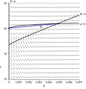 Figure 2: Phase diagram for a conventional Taylor rule: r∗ + P(0)L(R∗1) < 0. We usethe same functional forms and parameters as in Figure 1 with γ = 0.2 instead.