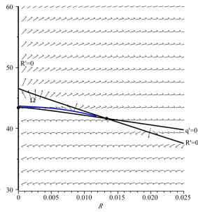 Figure 4: Phase diagram for Taylor rule (21). The ﬁgure is built by assuming the same