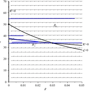 Figure 6: Phase diagram for Taylor rule (22). Bassuming the same functional forms and the same parameters as in Figure 1, andδ0 is the basin of attraction of equilibrium(0, q∗0) and Ws1 is the stable sub-manifold associated to (R∗1, q∗1)