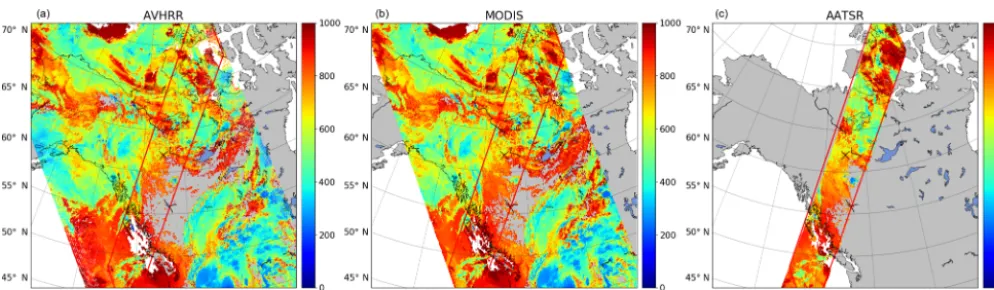 Figure 3. CTP retrieval values for study area NA2 with data from AVHRR (a), MODIS (b), and AATSR (c).